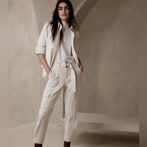Banana Republic Slim Refined Stretch Cargo Pants Size 14 Cream Removable Belt - Picture 1 of 10